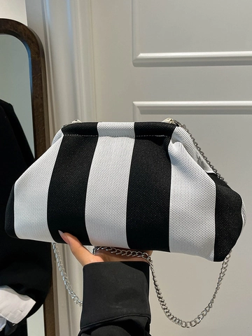 Bolso de Lona a Rayas para Mujer Tipo Nube Bolso Bandolera Plisado de Moda Con Correa de Cadena de Metal Plateado Bolso de Mano