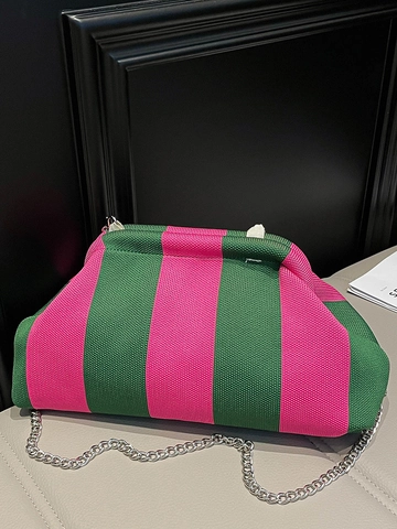 Bolso de Lona a Rayas para Mujer Tipo Nube Bolso Bandolera Plisado de Moda Con Correa de Cadena de Metal Plateado Bolso de Mano