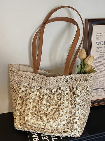 Borsa Tote in Paglia Intrecciata in Stile Francese per Donna Borsa a Tracolla da Spiaggia All'Uncinetto con Grande Capacità e Manico in Pelle PU