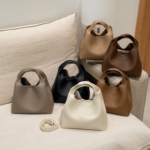 Women Minimalist Litchi Texture PU Leather Bucket Bag Large Capacity Vegetable Basket Handbag Retro Crossbody Shoulder Bag