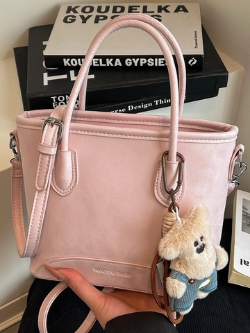 Bolso Bombonera Retro de Cuero PU para Mujer Urbano Simple Bolso de Hombro Cruzado con Lindo Colgante de Oso Color Sólido Bolso de Moda