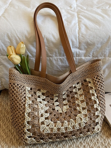 Borsa Tote in Paglia Intrecciata in Stile Francese per Donna Borsa a Tracolla da Spiaggia All'Uncinetto con Grande Capacità e Manico in Pelle PU
