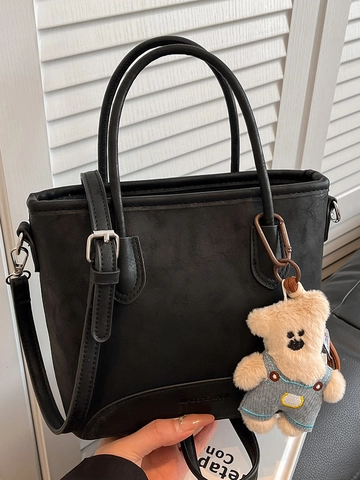 Bolso Bombonera Retro de Cuero PU para Mujer Urbano Simple Bolso de Hombro Cruzado con Lindo Colgante de Oso Color Sólido Bolso de Moda