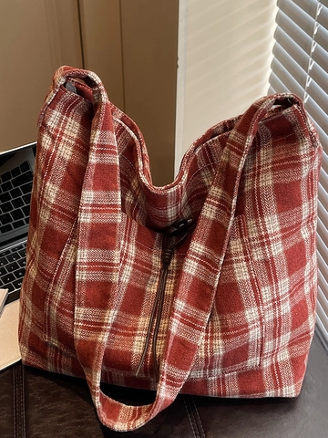 Sac Fourre-Tout Vintage à Carreaux de Grande Capacité pour Femmes Sac à Bandoulière en Tissu Rétro Style Japonais Minimaliste