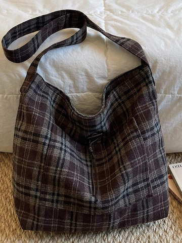 Sac Fourre-Tout Vintage à Carreaux de Grande Capacité pour Femmes Sac à Bandoulière en Tissu Rétro Style Japonais Minimaliste