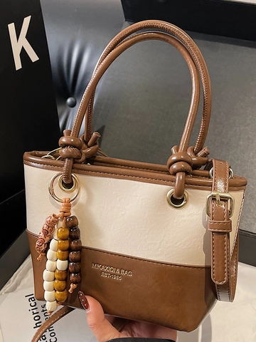 Vintage PU Leder Eimertasche Für Damen Spleiß Kontrastfarbe Handtasche Minimalistische Umhängetasche Mit Holzperlenanhänger Alltag
