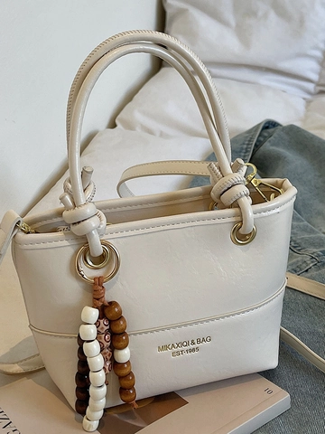 Vintage PU Leder Eimertasche Für Damen Spleiß Kontrastfarbe Handtasche Minimalistische Umhängetasche Mit Holzperlenanhänger Alltag