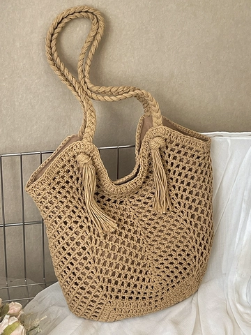 Bohemian Hollow Out Woven Tote Bag For Women Hand Crochet Straw Shoulder Bag With Tassels Large Capacity Summer Beach Handbag