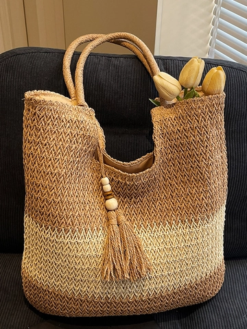 Grote Capaciteit Stro Geweven Tote Tas Voor Vrouwen Gradiënt Patchwork Zomer Strand Schoudertas Met Kwastje Houten Kralen Vakantie