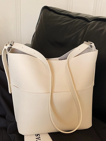 Large Capacity PU Leather Bucket Bag Women Minimalist Shoulder Bag Solid Color Lychee Texture Commuter Fashion Handbag