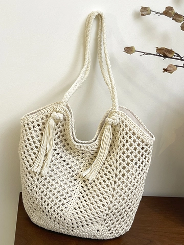 Bohemian Hollow Out Woven Tote Bag For Women Hand Crochet Straw Shoulder Bag With Tassels Large Capacity Summer Beach Handbag