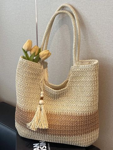 Grote Capaciteit Stro Geweven Tote Tas Voor Vrouwen Gradiënt Patchwork Zomer Strand Schoudertas Met Kwastje Houten Kralen Vakantie