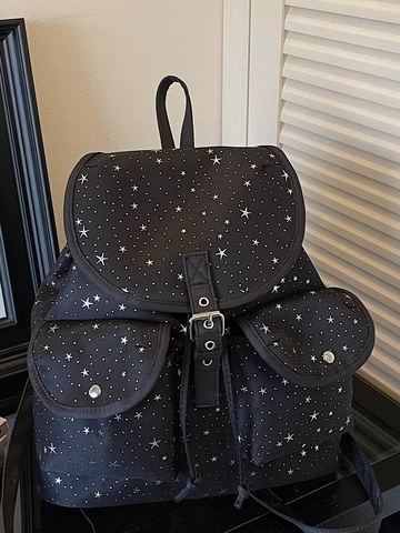 Damen Retro Sternenmuster Segeltuch Rucksack Mehrere Taschen Kordelzug Schule Reisen Mode Rucksack Student Daily Daypack