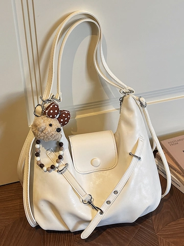 Large Capacity PU Leather Tote Bag For Women Minimalist Urban Commuter Shoulder Bag With Cute Bear Pendant Hobo Handbag
