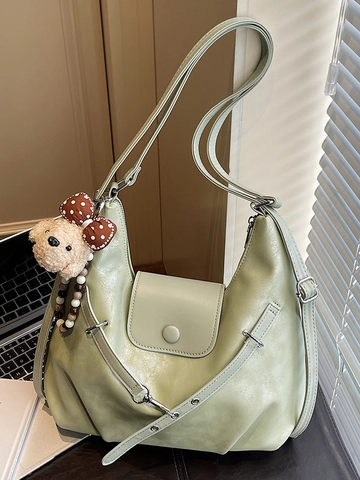Large Capacity PU Leather Tote Bag For Women Minimalist Urban Commuter Shoulder Bag With Cute Bear Pendant Hobo Handbag