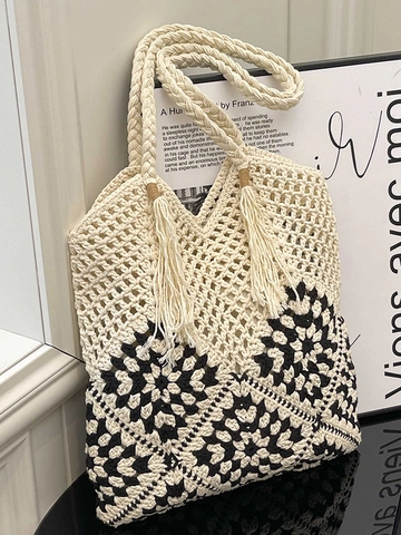 Borsa Tote in Paglia a Forma di Girasole Lavorata a Mano all'Uncinetto da Donna Borsa a Tracolla Boho Intrecciata con Nappa Grande Capacità Borsa da Spiaggia