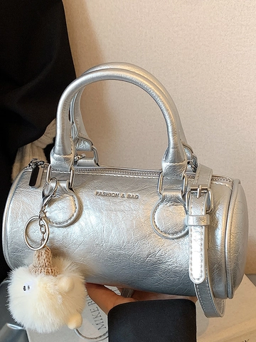 Fashion Letter Printed Women Cylinder Boston Bag PU Leather Handbag Shoulder Crossbody Bag With Plush Charm Ladies Daily Purse
