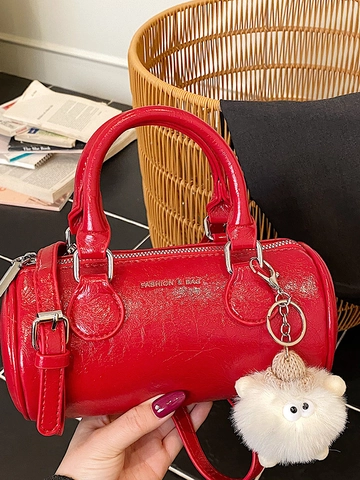 Fashion Letter Printed Women Cylinder Boston Bag PU Leather Handbag Shoulder Crossbody Bag With Plush Charm Ladies Daily Purse
