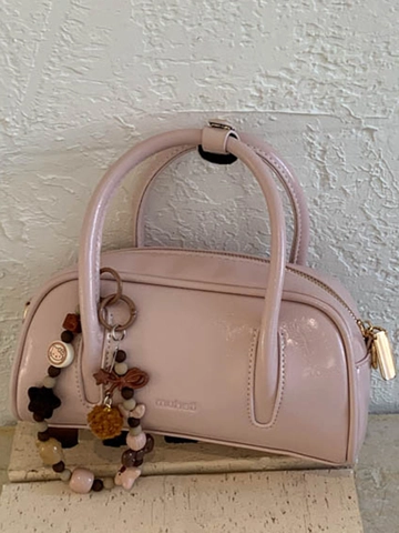 Women Retro PU Leather Boston Handbag Shiny Glossy Small Square Crossbody Bag With Beaded Charm Simple Fashion Shoulder Bag