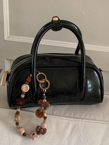 Women Retro PU Leather Boston Handbag Shiny Glossy Small Square Crossbody Bag With Beaded Charm Simple Fashion Shoulder Bag
