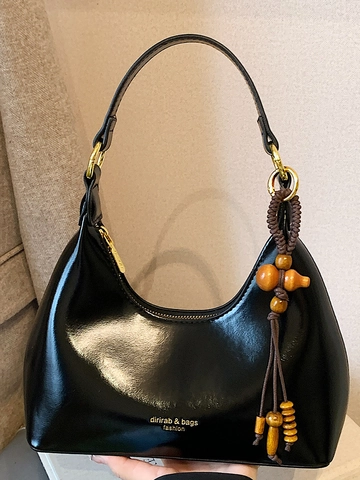 Γυναικεία Vintage Τσάντα Hobo από Δέρμα PU Σχήμα Μισοφέγγαρου Μινιμαλιστική Τσάντα Ώμου Μασχάλης Με Γούρι από Ξύλινες Χάντρες