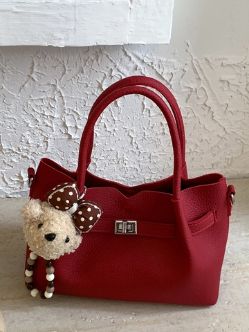 Bolso de Hombro de Cuero PU Retro de Gran Capacidad para Mujer Bolso de Mano Minimalista con Colgante de Oso