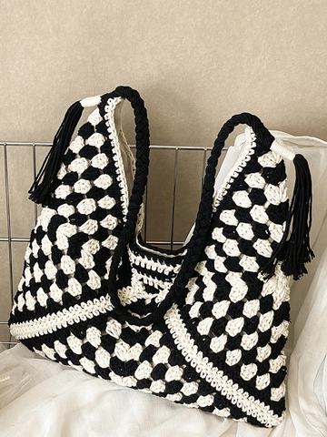 Handgefertigt Gehäkelte Gewebte Tote Bag Für Damen Böhmische Stroh Strandtasche Mit Quasten Große Kapazität Sommer Urlaub Schultertasche