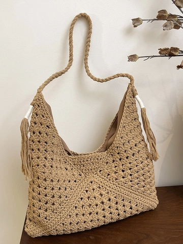 Handgefertigt Gehäkelte Gewebte Tote Bag Für Damen Böhmische Stroh Strandtasche Mit Quasten Große Kapazität Sommer Urlaub Schultertasche