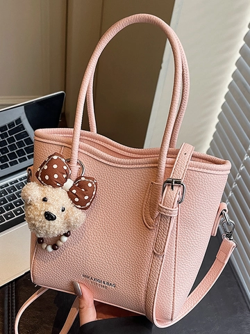 Fashion PU Leather Bucket Bag For Women Chic Litchi Texture Handbag With Bear Pendant Crossbody Shoulder Bag Urban Style
