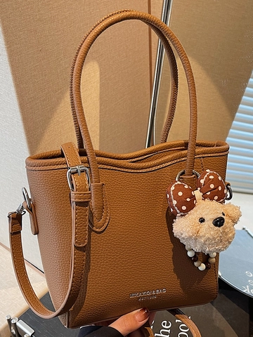Fashion PU Leather Bucket Bag For Women Chic Litchi Texture Handbag With Bear Pendant Crossbody Shoulder Bag Urban Style