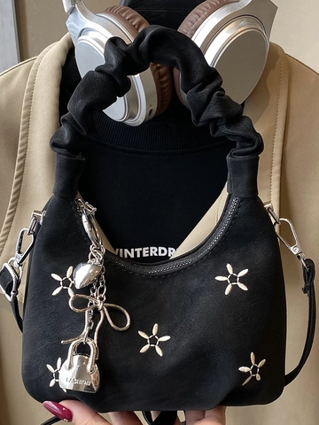 Sac Hobo en Cuir PU pour Femmes Avec Poignée à Volants et Broderie Florale Petit Sac Bandoulière pour la Mode Quotidienne