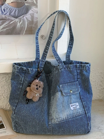 Mode Streep Denim Tote Bag Grote Capaciteit Canvas Schoudertas Voor Vrouwen Casual Gestreepte Handtas Met Beer Bedeltje