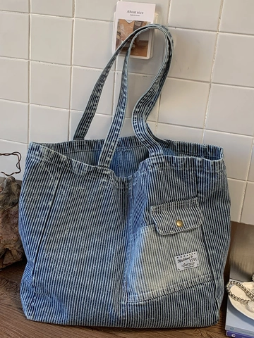 Mode Streep Denim Tote Bag Grote Capaciteit Canvas Schoudertas Voor Vrouwen Casual Gestreepte Handtas Met Beer Bedeltje