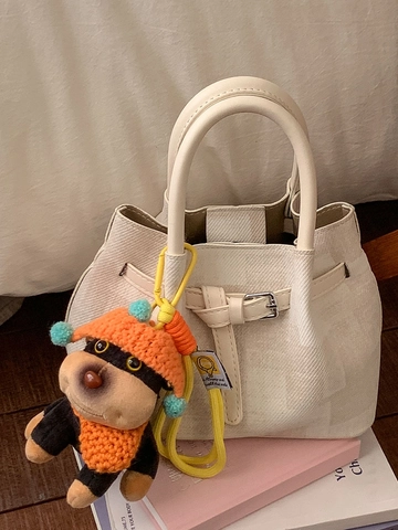 Borsa a Secchiello Chic in PU per Donna Elegante Borsa a Mano con Cuciture Versatile Borsa a Tracolla con Adorabile Ciondolo in Peluche Cane