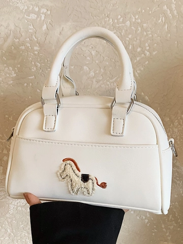 Borsa Bowling da Donna alla Moda in Pelle PU con Ricamo Animale Pony Borsa a Mano Casual Tracolla per Donna