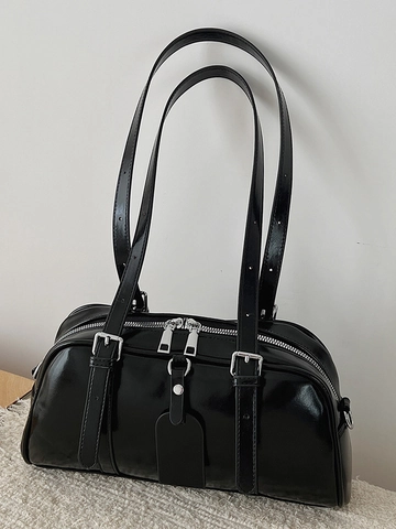 Bolso de Axila Retro Minimalista de Cuero PU para Mujer Bolso de Hombro Brillante a la Moda Elegante de Color Sólido Bolso Boston