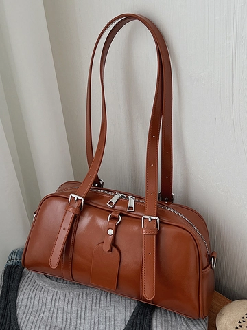 Bolso de Axila Retro Minimalista de Cuero PU para Mujer Bolso de Hombro Brillante a la Moda Elegante de Color Sólido Bolso Boston