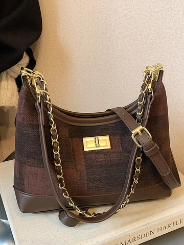 Damen Große Kapazität Kette Umhängetasche Vintage PU Leder Gewebe Spleißen Crossbody Hobo Tasche Täglich Pendler Tote Bag