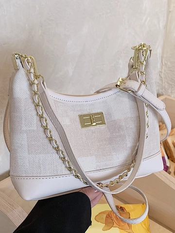 Damen Große Kapazität Kette Umhängetasche Vintage PU Leder Gewebe Spleißen Crossbody Hobo Tasche Täglich Pendler Tote Bag