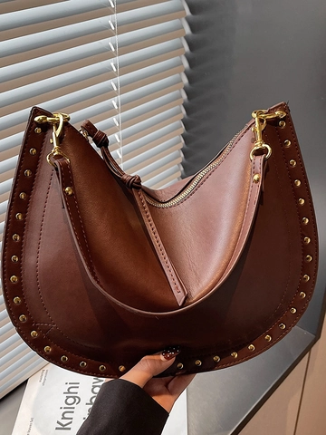 Bolso Hobo Vintage con Remaches para Mujer Bolso de Hombro de Axila de Cuero PU Bolso Bandolera Casual Diario para Viajes Diarios