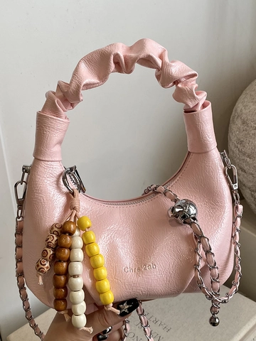 Damen Geraffte Glänzende PU Leder Hobo Tasche Mit Kettengurt Perlenanhänger Handtasche Crossbody Schultertasche Für Alltag Mode