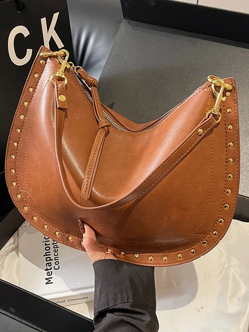 Bolso Hobo Vintage con Remaches para Mujer Bolso de Hombro de Axila de Cuero PU Bolso Bandolera Casual Diario para Viajes Diarios