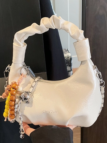 Damen Geraffte Glänzende PU Leder Hobo Tasche Mit Kettengurt Perlenanhänger Handtasche Crossbody Schultertasche Für Alltag Mode