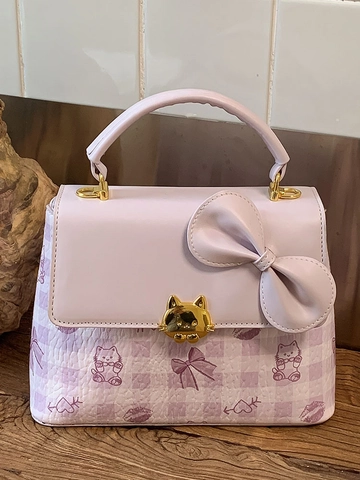 Borsa a Mano con Fiocco Carino in Pelle PU Serratura a Forma di Gatto Borsa a Tracolla Stampa a Griglia Dolce Moda Donna Ragazza