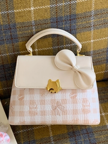 Borsa a Mano con Fiocco Carino in Pelle PU Serratura a Forma di Gatto Borsa a Tracolla Stampa a Griglia Dolce Moda Donna Ragazza