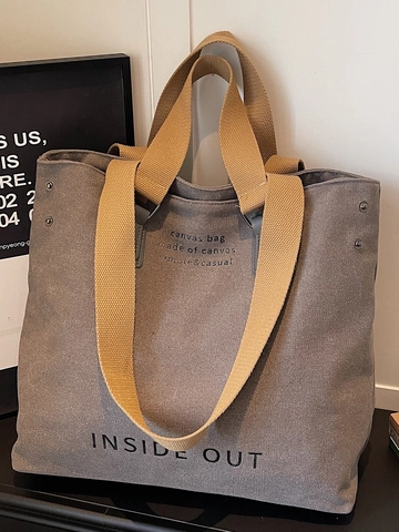 Women Large Capacity Canvas Tote Bag Japanese Style Letter Print Shoulder Bag Urban Minimalist Casual Crossbody Handbag