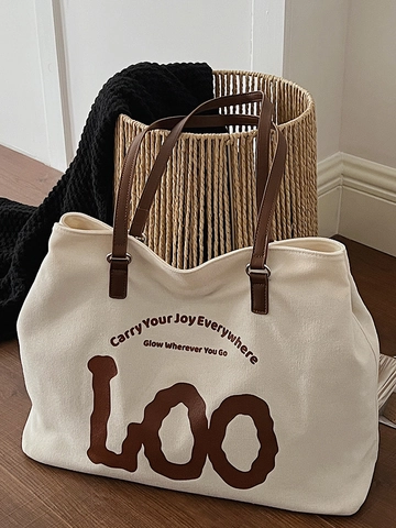 Women Large Capacity Canvas Denim Tote Bag Urban Minimalist Letter Print Commuter Shoulder Bag Handbag Retro Casual Bag