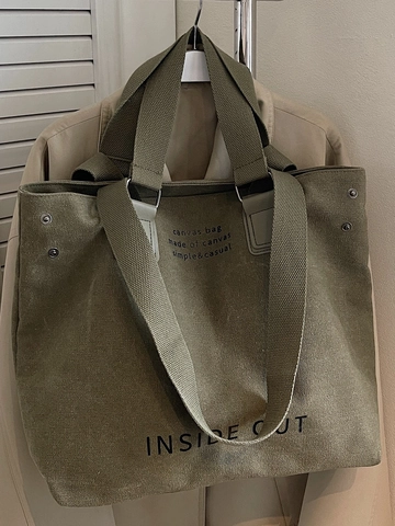 Women Large Capacity Canvas Tote Bag Japanese Style Letter Print Shoulder Bag Urban Minimalist Casual Crossbody Handbag