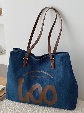 Women Large Capacity Canvas Denim Tote Bag Urban Minimalist Letter Print Commuter Shoulder Bag Handbag Retro Casual Bag