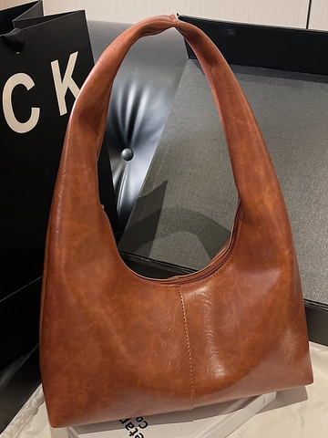 Retro PU Leather Underarm Hobo Bag For Women Large Capacity Fashion Stitching Shoulder Bag Solid Color Zipper Commute Tote Bag